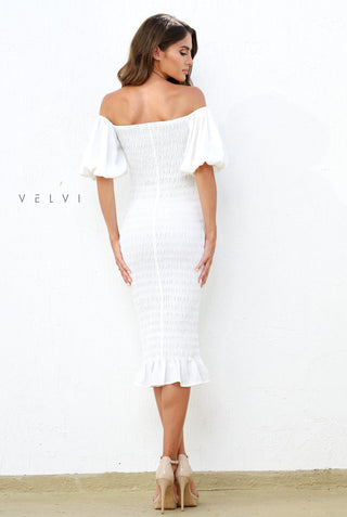 Skyla Shirred Midi Dress - WHITE - By Baano