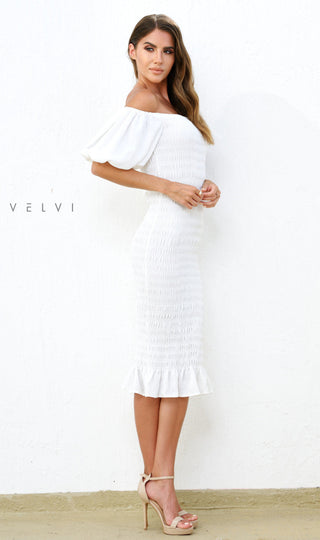 Skyla Shirred Midi Dress - WHITE - By Baano