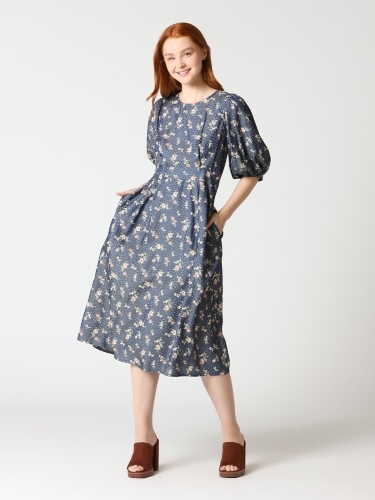 Floral Print Puff Sleeve Round Neck Long Dress - Gracia D32724