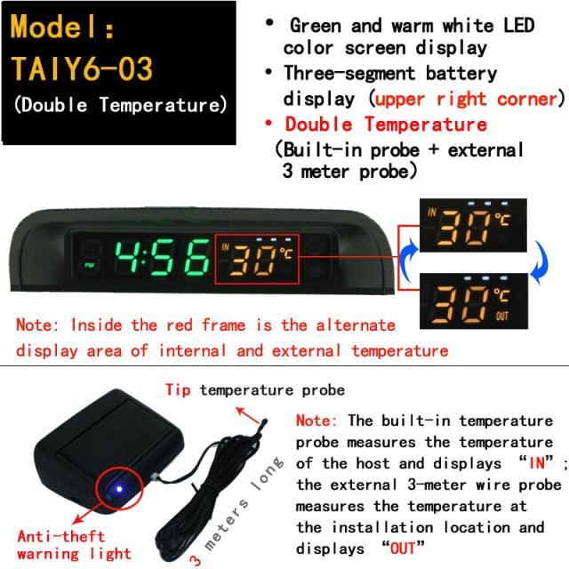 Solar Car Digital Clock Thermometer Dual Color Display Smart Switch High Precision LED Digital Clock Dashboard Solar Powered Car Electronic Clock Stick-On Luminous Car Clock Dashboard Auto Clock Car Watch Clock with Adjustable Brightness Date Temperature Stevvex