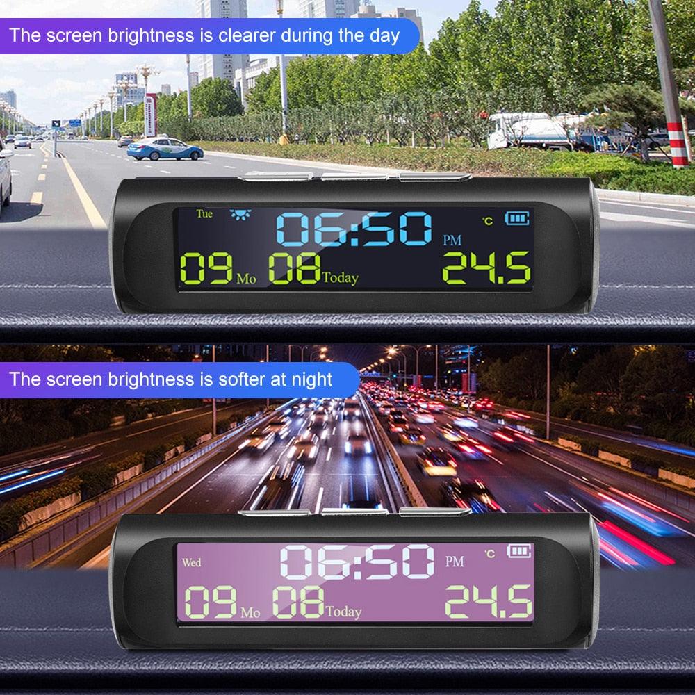 Solar Car Digital Clock with LCD Time Date In-Car Temperature Display for Outdoor Personal Car Part Decoration Universal Wireless Car Head Up Display Digital GPS Speedometer MPH Solar Battery USB Charged with Time Clock Stevvex