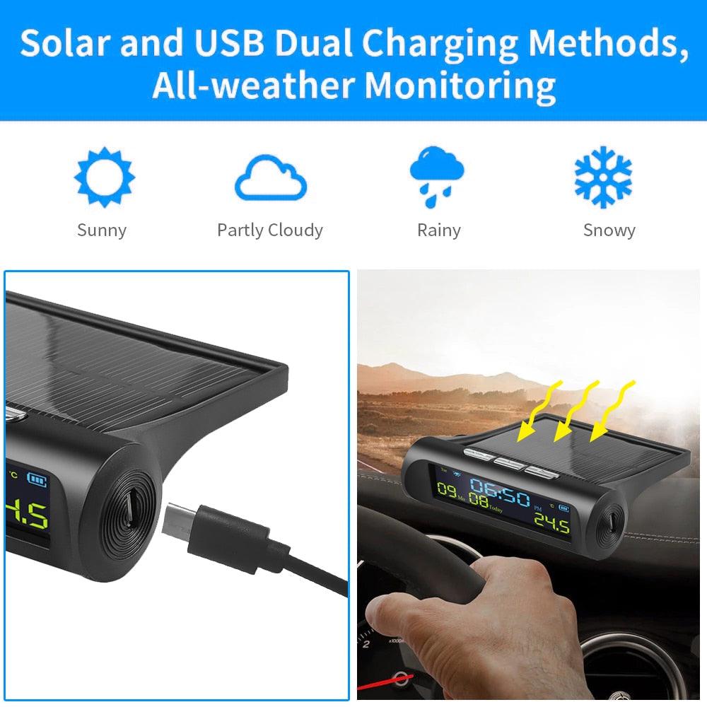 Solar Car Digital Clock with LCD Time Date In-Car Temperature Display for Outdoor Personal Car Part Decoration Universal Wireless Car Head Up Display Digital GPS Speedometer MPH Solar Battery USB Charged with Time Clock Stevvex
