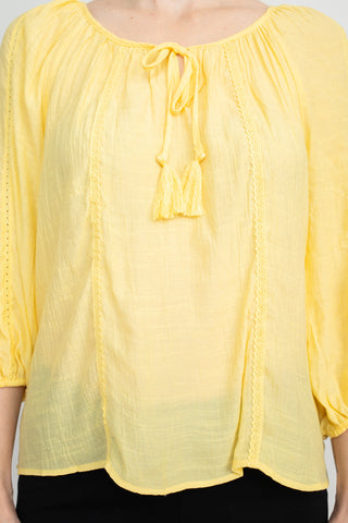 Zac & Rachel Neck Tie Neck 3/4 Sleeve Solid Crepe Chiffon Top - By Baano