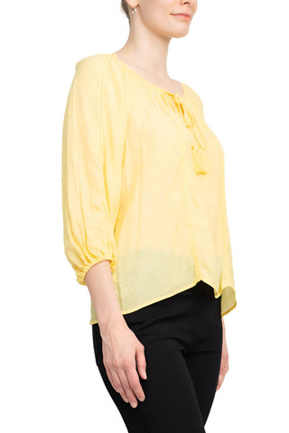 Zac & Rachel Neck Tie Neck 3/4 Sleeve Solid Crepe Chiffon Top - By Baano