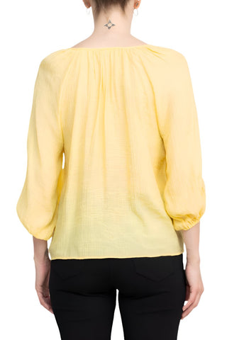 Zac & Rachel Neck Tie Neck 3/4 Sleeve Solid Crepe Chiffon Top - By Baano