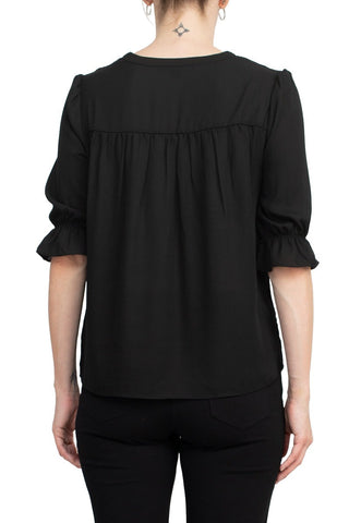 Zac & Rachel Lace V-Neck 3/4 Sleeve Solid Crepe Top - By Baano