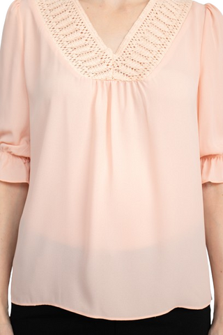 Zac & Rachel Lace V-Neck 3/4 Sleeve Solid Crepe Top - By Baano