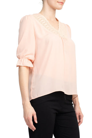 Zac & Rachel Lace V-Neck 3/4 Sleeve Solid Crepe Top - By Baano