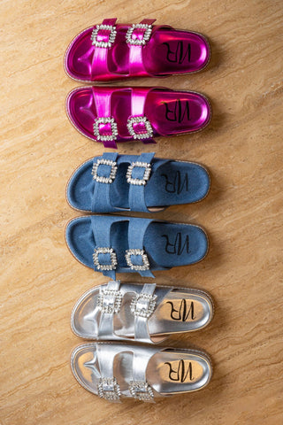 Stellar Rhinestone Buckle Slides in Fuschia Naughty Monkey