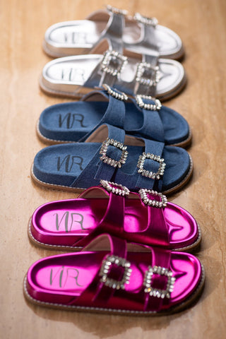 Stellar Rhinestone Buckle Slides in Fuschia Naughty Monkey