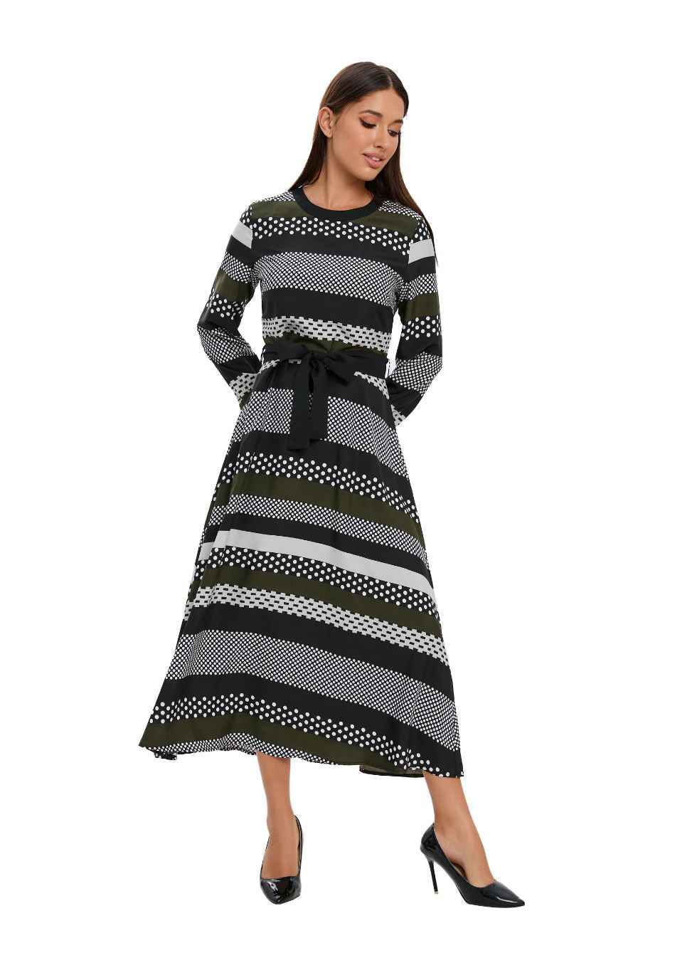 Striped Long Sleeve Midi Dress with Cuffed Sleeves