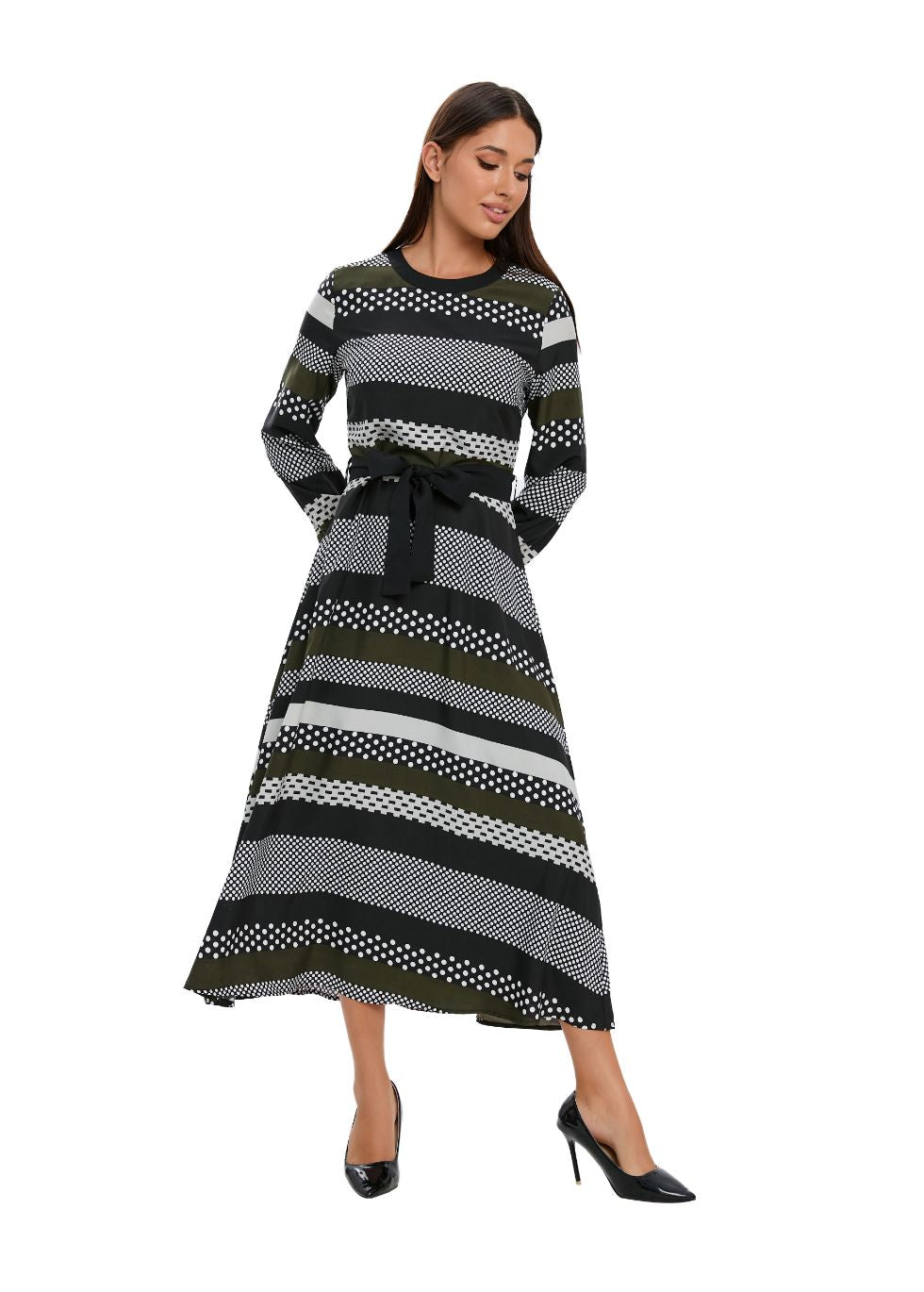 Striped Long Sleeve Midi Dress with Cuffed Sleeves