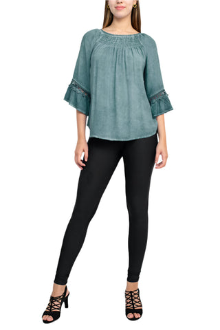 Floral + Ivy Round Neck 3/4 Sleeve Ruched Neck Rayon Top - By Baano