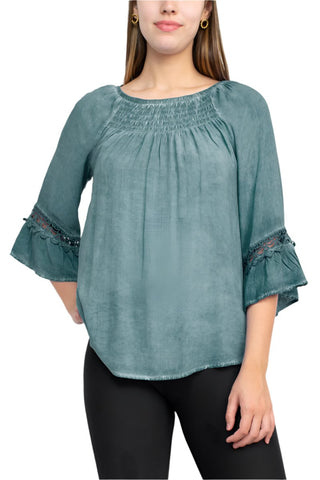 Floral + Ivy Round Neck 3/4 Sleeve Ruched Neck Rayon Top - By Baano