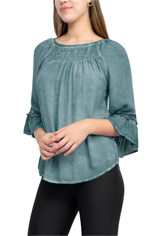Floral + Ivy Round Neck 3/4 Sleeve Ruched Neck Rayon Top - By Baano
