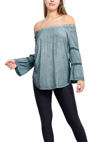 Floral + Ivy Off Shoulder Tiered Long Sleeve Rayon Peasant Top - By Baano