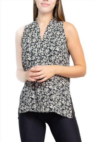 Floral + Ivy V-Neck Sleeveless Floral Print Slit Side Polyester Top - By Baano