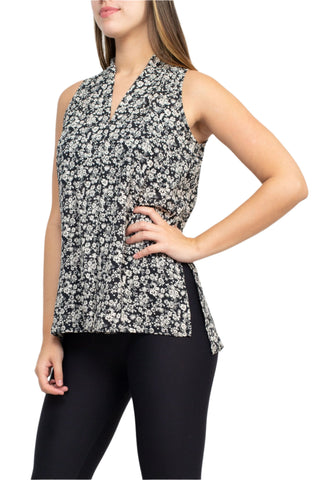 Floral + Ivy V-Neck Sleeveless Floral Print Slit Side Polyester Top - By Baano