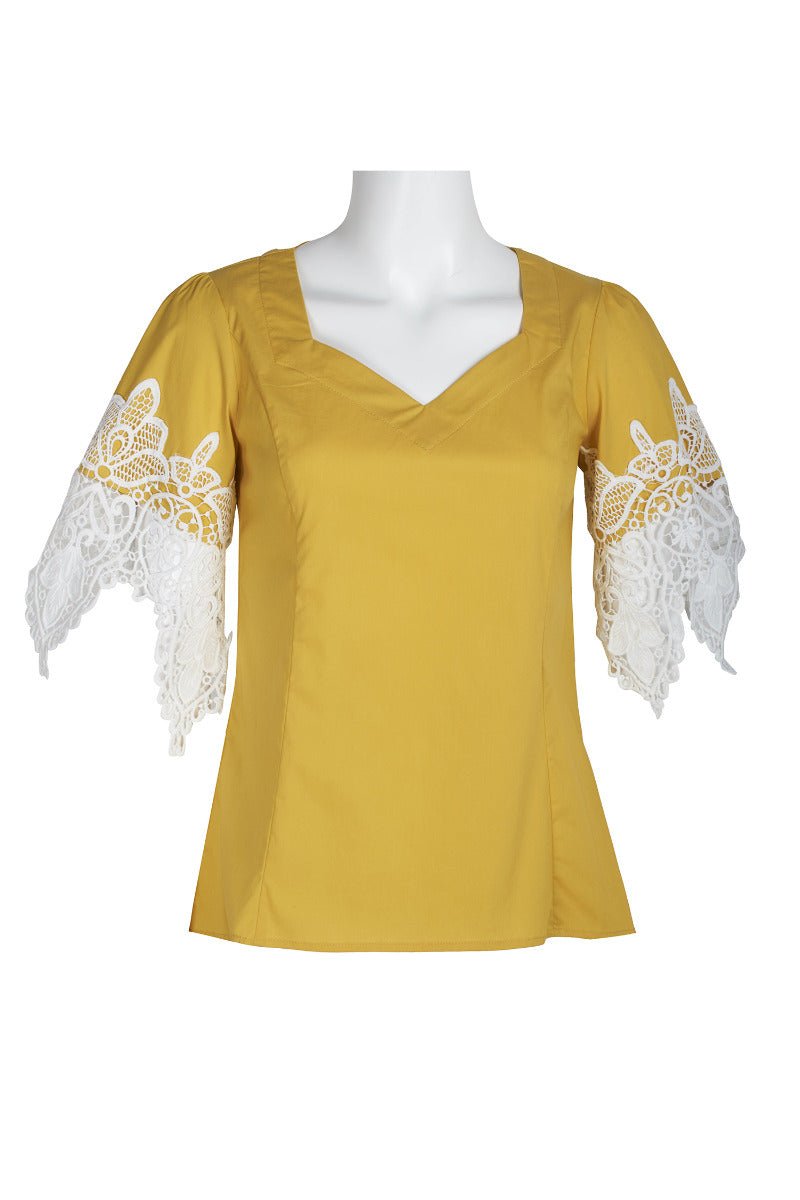 Why Dress V - Neck Short Lace Sleeve Zipper Back Cotton Top - Glamourous Grace
