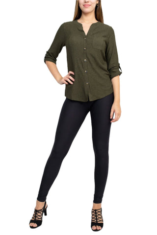 Floral + Ivy Notched Button Down 3/4 Sleeve Solid Knit Top with Front Pocket - Glamourous Grace