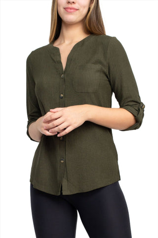 Floral + Ivy Notched Button Down 3/4 Sleeve Solid Knit Top with Front Pocket - Glamourous Grace