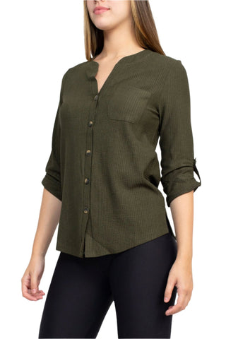 Floral + Ivy Notched Button Down 3/4 Sleeve Solid Knit Top with Front Pocket - Glamourous Grace