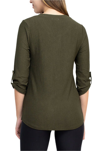 Floral + Ivy Notched Button Down 3/4 Sleeve Solid Knit Top with Front Pocket - Glamourous Grace