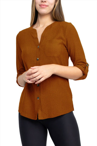 Floral + Ivy Notched Button Down 3/4 Sleeve Solid Knit Top with Front Pocket - Glamourous Grace