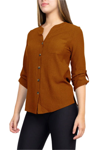 Floral + Ivy Notched Button Down 3/4 Sleeve Solid Knit Top with Front Pocket - Glamourous Grace