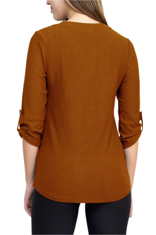 Floral + Ivy Notched Button Down 3/4 Sleeve Solid Knit Top with Front Pocket - Glamourous Grace