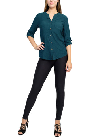 Floral + Ivy Notched Button Down 3/4 Sleeve Solid Knit Top with Front Pocket - Glamourous Grace