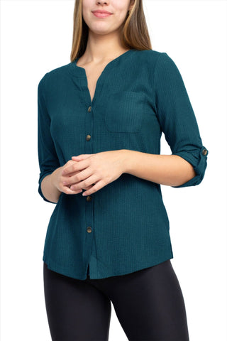 Floral + Ivy Notched Button Down 3/4 Sleeve Solid Knit Top with Front Pocket - Glamourous Grace
