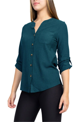 Floral + Ivy Notched Button Down 3/4 Sleeve Solid Knit Top with Front Pocket - Glamourous Grace