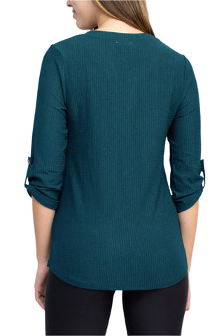 Floral + Ivy Notched Button Down 3/4 Sleeve Solid Knit Top with Front Pocket - Glamourous Grace