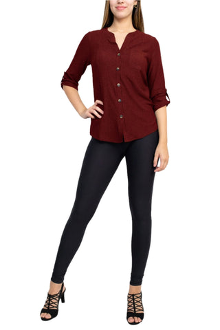 Floral + Ivy Notched Button Down 3/4 Sleeve Solid Knit Top with Front Pocket - Glamourous Grace
