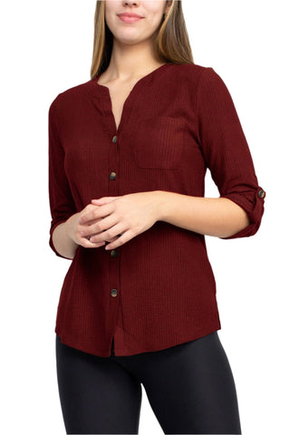 Floral + Ivy Notched Button Down 3/4 Sleeve Solid Knit Top with Front Pocket - Glamourous Grace