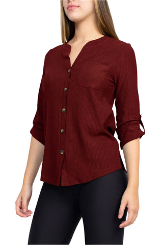 Floral + Ivy Notched Button Down 3/4 Sleeve Solid Knit Top with Front Pocket - Glamourous Grace