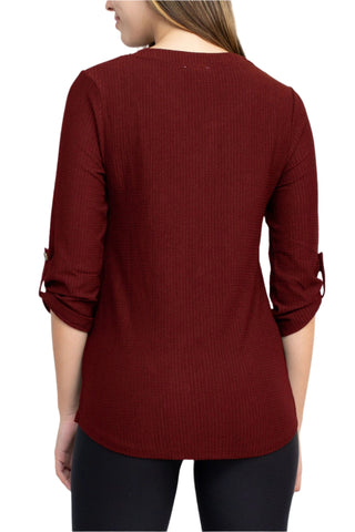 Floral + Ivy Notched Button Down 3/4 Sleeve Solid Knit Top with Front Pocket - Glamourous Grace