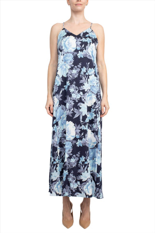 Connected Apparel V-Neck Spaghetti Strap Floral Print Satin Dress with Pockets - By Baano