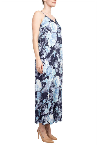 Connected Apparel V-Neck Spaghetti Strap Floral Print Satin Dress with Pockets - By Baano