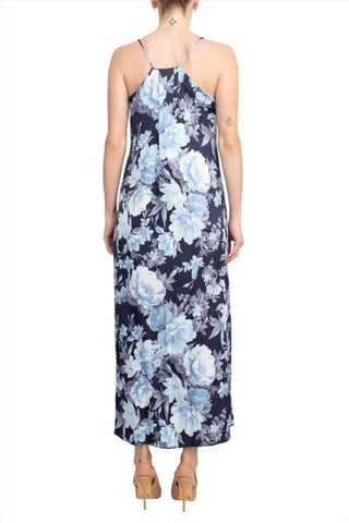 Connected Apparel V-Neck Spaghetti Strap Floral Print Satin Dress with Pockets - By Baano
