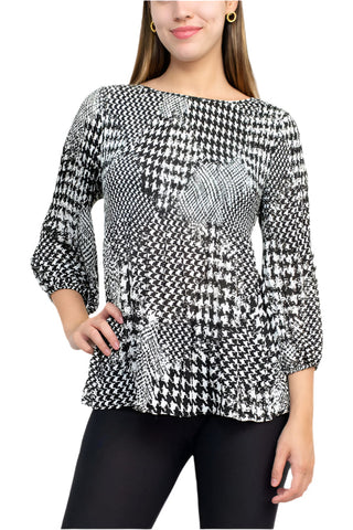 Floral + Ivy Boat Neck 3/4 Elastic Sleeve Smock Pleat Release Blouse - By Baano