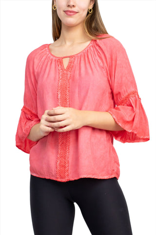 Floral + Ivy Scoop Neck Keyhole Front 3/4 Flounce Sleeve Rayon Top - By Baano