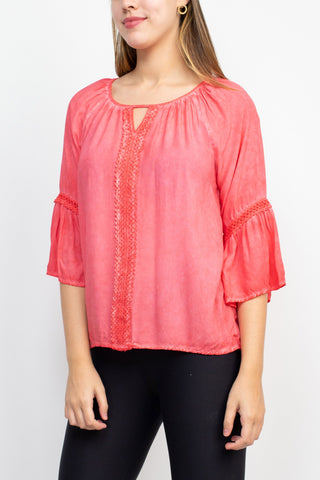 Floral + Ivy Scoop Neck Keyhole Front 3/4 Flounce Sleeve Rayon Top - By Baano