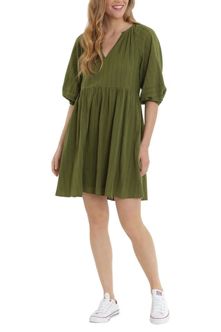 London Times V - Neck 3 - 4 Sleeves with Elastic Hems Short Blouson Cotton Dress - Glamourous Grace