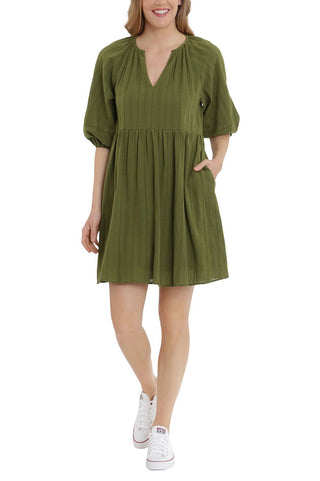 London Times V - Neck 3 - 4 Sleeves with Elastic Hems Short Blouson Cotton Dress - Glamourous Grace