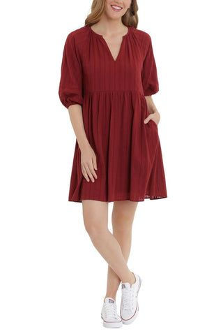 London Times V - Neck 3 - 4 Sleeves with Elastic Hems Short Blouson Cotton Dress - Glamourous Grace