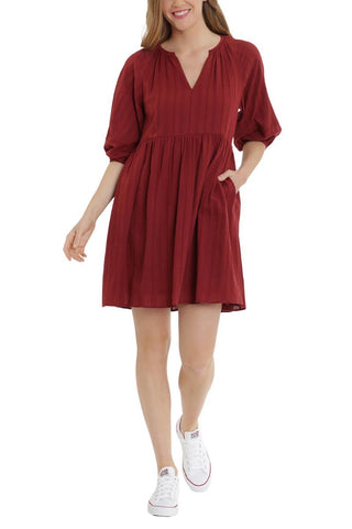 London Times V - Neck 3 - 4 Sleeves with Elastic Hems Short Blouson Cotton Dress - Glamourous Grace