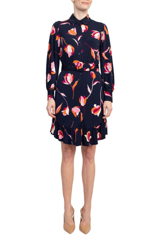 London Times Collared Button Down Elastic Cuff Long Sleeve Belted ITY Dress - Glamourous Grace