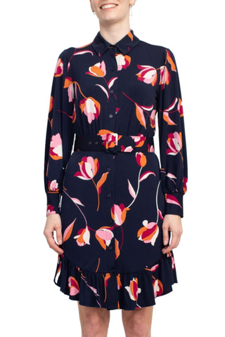 London Times Collared Button Down Elastic Cuff Long Sleeve Belted ITY Dress - Glamourous Grace